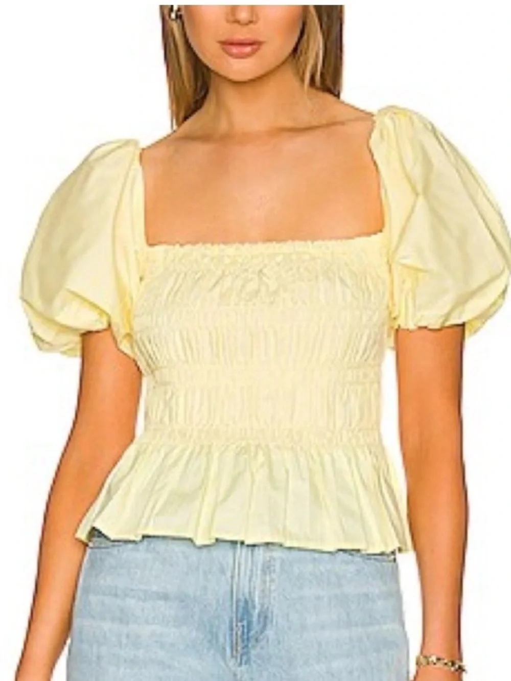 NWOT ASTR SAVINA “Lemonade” Smocked Square Neck Puff Sleeve Top SZ XL $65